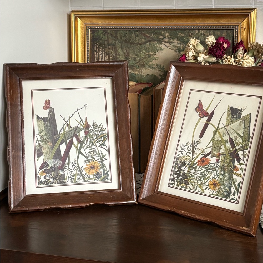 Vintage Wood Framed RE Christian Lithos “Butterfly Haven” and “Monarch Haven”